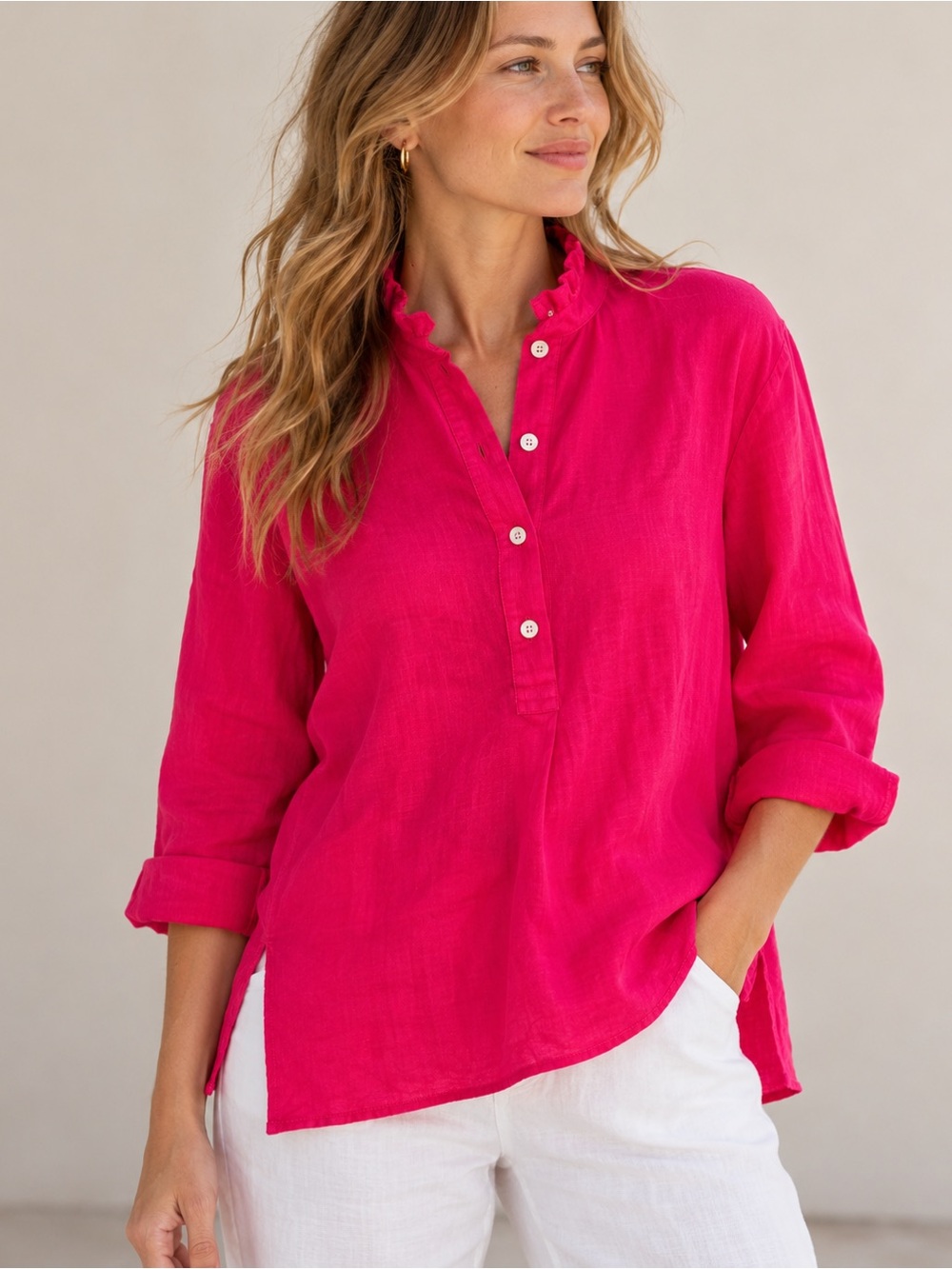 Linen Luv 100% Linen Hot Pink Ruffle Neck Blouse M Made in Italy